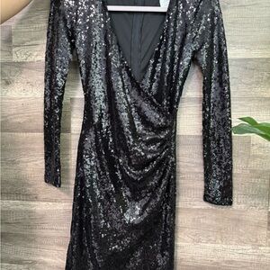 Black Sequin Ruched Wrap Dress